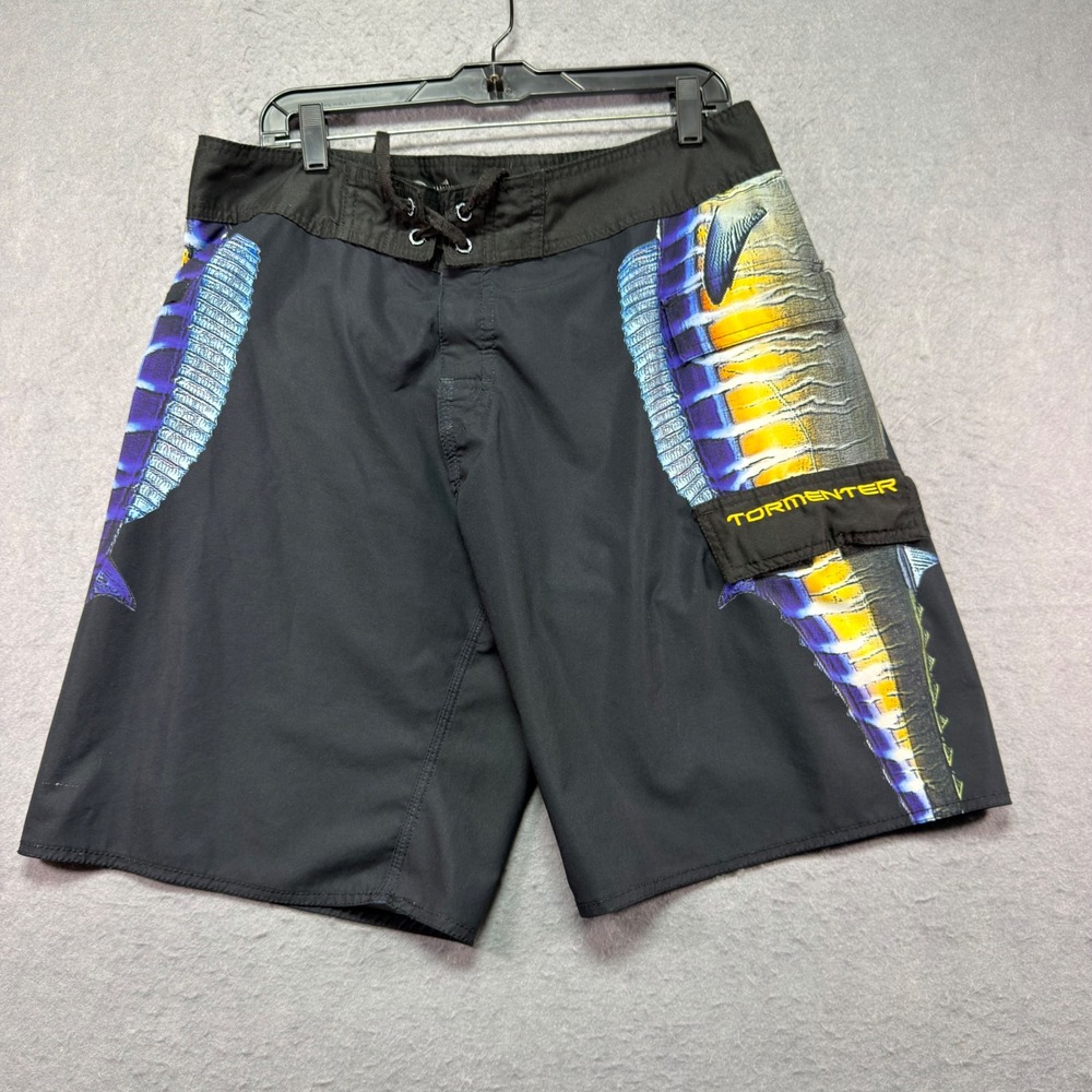 Tormenter Mens Fish Graphic Board Shorts Black Blue Yellow Size 34 Fishing Surf